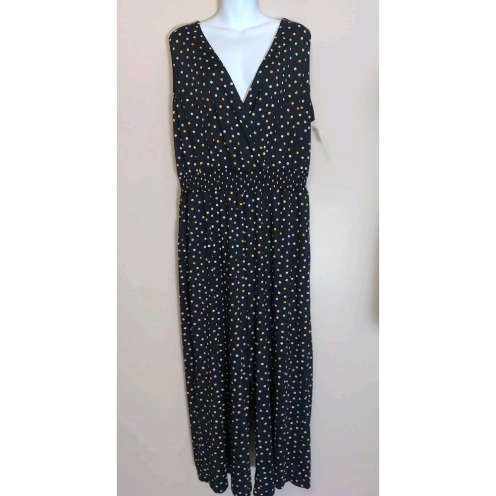 Roz & Ali Black Orange White Polka Dot Sleeveless Ankle Jumpsuit Romper Size Xl